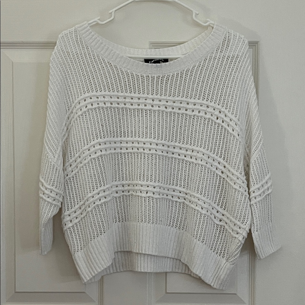 Express White Open-Knit Crewneck Sweater